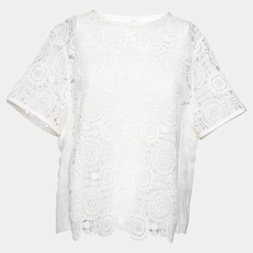 Pre Owned Chloe White Cotton Lace Crew Neck Top L