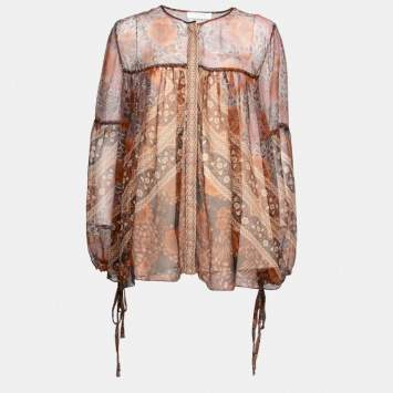 Pre Owned Chloe Rust Orange Printed Silk Chiffon Gathered Sleeve Detail Blouse L