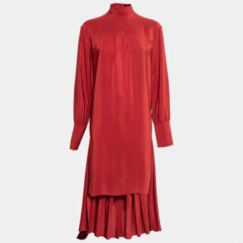 Pre Owned Chloe Brick Red Silk Pleated Button Front Shirt Dress M
