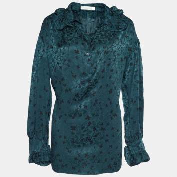 Pre Owned Chloe Green Silk Butterfly Jacquard Oversized Blouse M