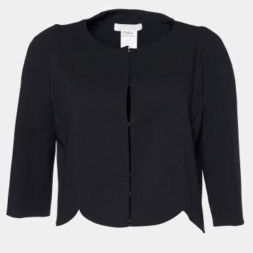 Pre Owned Chloe Black Crepe Wool Scalloped Crop Jacket S