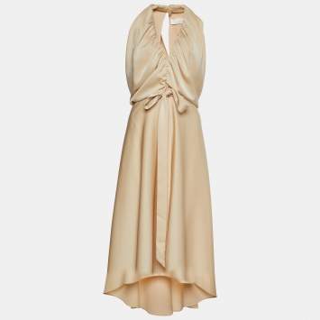 Pre Owned Chloe Macadamia Brown Crepe  V-neck Crepe Fluid Dress M