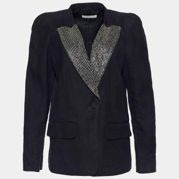 Pre Owned Chloe Grey Linen Blend Crystal Embellished Collar Blazer L