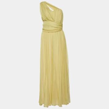Pre Owned Chloe Yellow Georgette Pleated One Shoulder Dress L