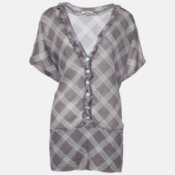Pre Owned Chloe Grey Check Print Cotton Ruffle Detail Oversized Blouse L