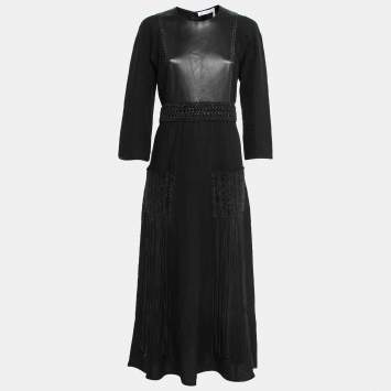 Pre Owned Chloe Black Linen Crochet Trim Long Sleeve Fringed Dress M