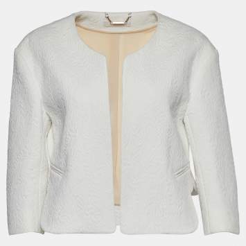 Pre Owned Chloe White Embossed Jacquard Open Front Cropped Jacket M