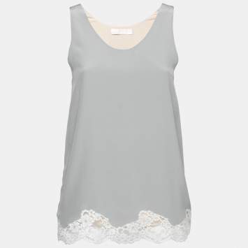 Pre Owned Chloe Grey Silk Chiffon Lace Trimmed Sleeveless Top S