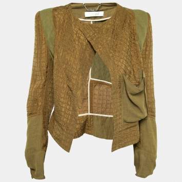 Pre Owned Chloe Olive Green Textured Silk & Linen Open Jacket L  