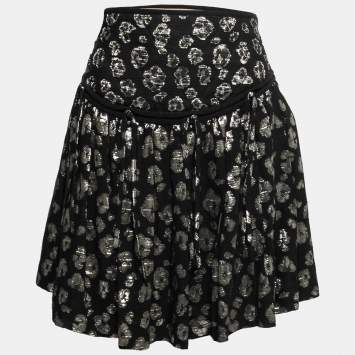 Pre Owned Chloe Black Lurex Jacquard Cotton Pleated Skirt M