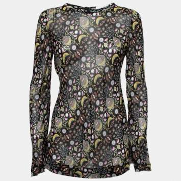 Pre Owned Chloe Black Floral Printed Crepe Long-Sleeve Top M   