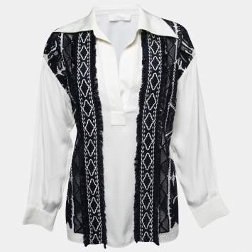Pre Owned Chloe White & Navy Blue Embroidered Inset Crepe Tunic S