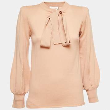 Pre Owned Chloe Beige Wool Bow-Tie Knit Sweater S
