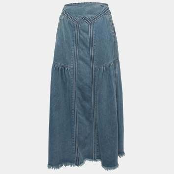 Pre Owned Chloe Blue Denim Frayed Maxi Skirt S