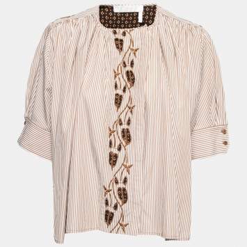 Pre Owned Chloe Beige Striped Cotton Embroidered Blouse M