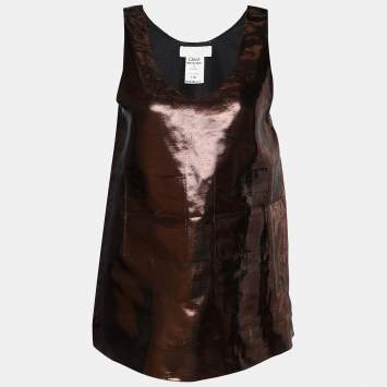 Pre Owned Chloe Metallic Brown Lame Patch Pocket Detail Sleeveless Tank Top M