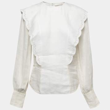 Pre Owned Chloe White Linen Blend Broderie Anglaise Detail Flouncy Scalloped Blouse S