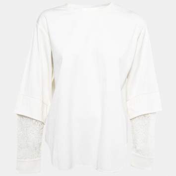 Pre Owned Chloe White Textured Cotton Lace Paneled Long Sleeve Top M