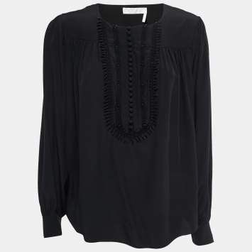 Pre Owned Chloe Navy Black Silk Lace Trimmed Long Sleeve Blouse M