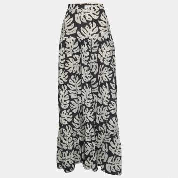 Pre Owned Chloe Black Leaf Printed Cotton & Wool Maxi Skirt M