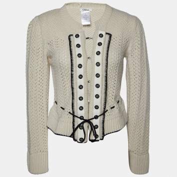 Pre Owned Chloe Vintage Beige Wool Knit Hook Front Cropped Cardigan M