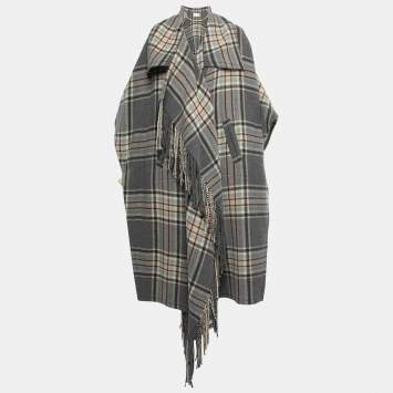 Pre Owned Chloe Grey/Pink Checked Wool Fringed Cape S