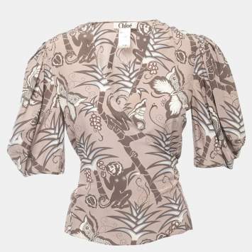 Pre Owned Chloé  Light Brown All-Over Print Silk Wrap On Blouse M