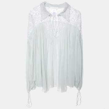 Pre Owned Chloe Mint Green Silk Chiffon & Lace Top M