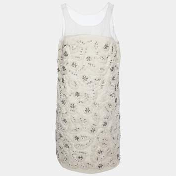 Pre Owned Chloe Ecru Silk Embellished Detail Shift Dress M