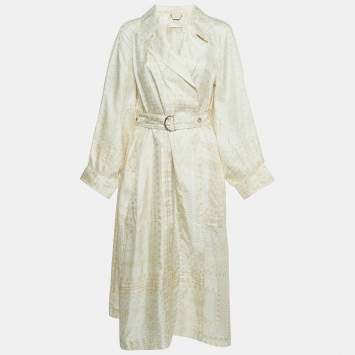 Pre Owned Chloe White Print Silk Open Front Belted Long Coat M