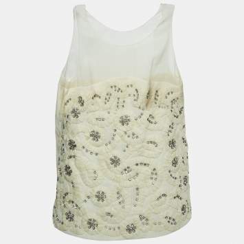 Pre Owned Chloe Cream Crystals Embellished Silk & Linen Blend Sleeveless Top M
