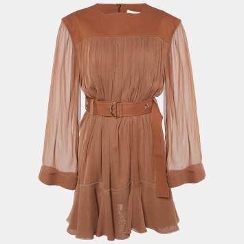 Pre Owned Chloe Brown Crepe & Chiffon Belted Mini Dress L