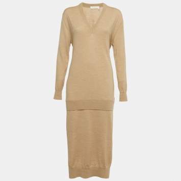 Pre Owned Chloe Seed Brown Wool V-Neck Sweater Midi Dress S