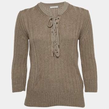 Pre Owned Chloe Dark Beige Wool and Linen Lace Tie up Detail Sweater M