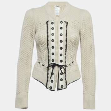 Pre Owned Chloe Vintage Beige Wool Knit Hook Front Cropped Cardigan S