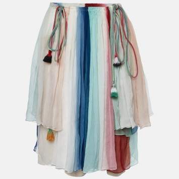 Pre Owned Chloé  Multicolor Striped Silk Crepe Off-The-Shoulder Blouse L