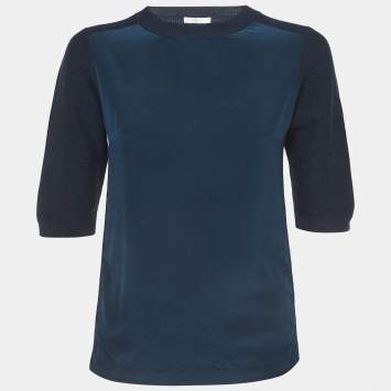 Pre Owned Chloé Dark Blue Silk and Wool Crew Neck T-Shirt XS