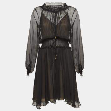 Pre Owned Chloe Black Crinkle Silk Tie-Up Detail Ruffled Midi Dress S