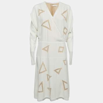 Pre Owned Chloe Cream Silk Lace Trim Midi Dress M