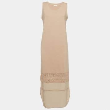 Pre Owned Chloe Beige Crochet Trim Wool Knit Sleeveless Maxi Dress M