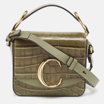 Pre Owned Chloé Two Tone Green Croc Embossed Leather Mini C Top Handle Bag