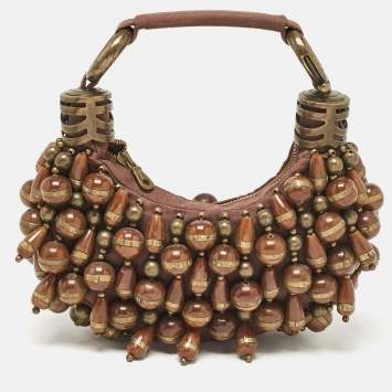 Pre Owned Chloe Brown Canvas Beads Embellished Hobo