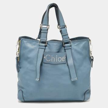 Pre Owned Chloe Blue Leather Studded Logo Patsy Tote