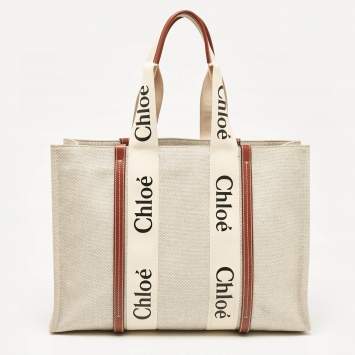 Pre Owned Chloe Beige/Brown Canvas and Leather Large Woody Tote
