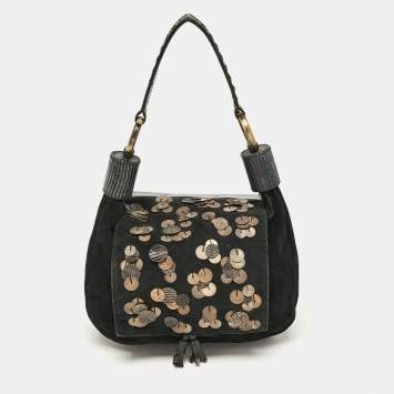 Pre Owned Chloe Black Leather and Suede Embellished Flap Hobo