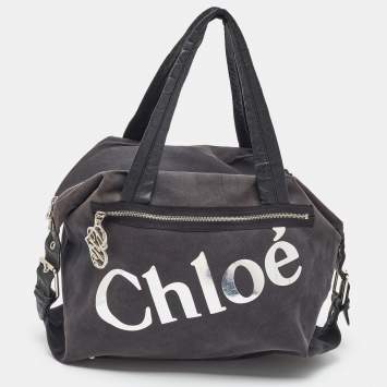 Pre Owned Chloe Black Canvas and Leather Logo Printed Weekender Bag