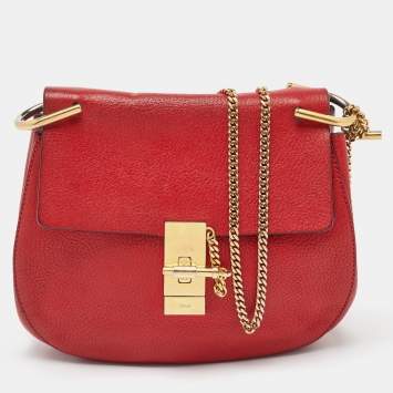Pre Owned Chloe Red Leather Medium Drew Flap Chain Crossbody Bag