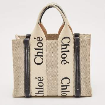 Pre Owned Chloe Black/Beige Canvas and Leather Small Woody Tote