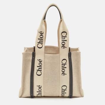 Pre Owned Chloe Black/Beige Canvas Medium Woody Tote