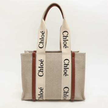 Pre Owned Chloe Copper Brown/Beige Canvas and Leather Medium Woody Tote
